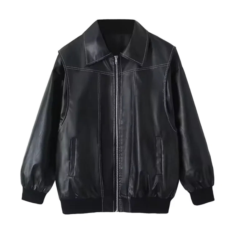 Women’s Loose Fit Zip-Up Biker Jacket with Lapel and Long Sleeves