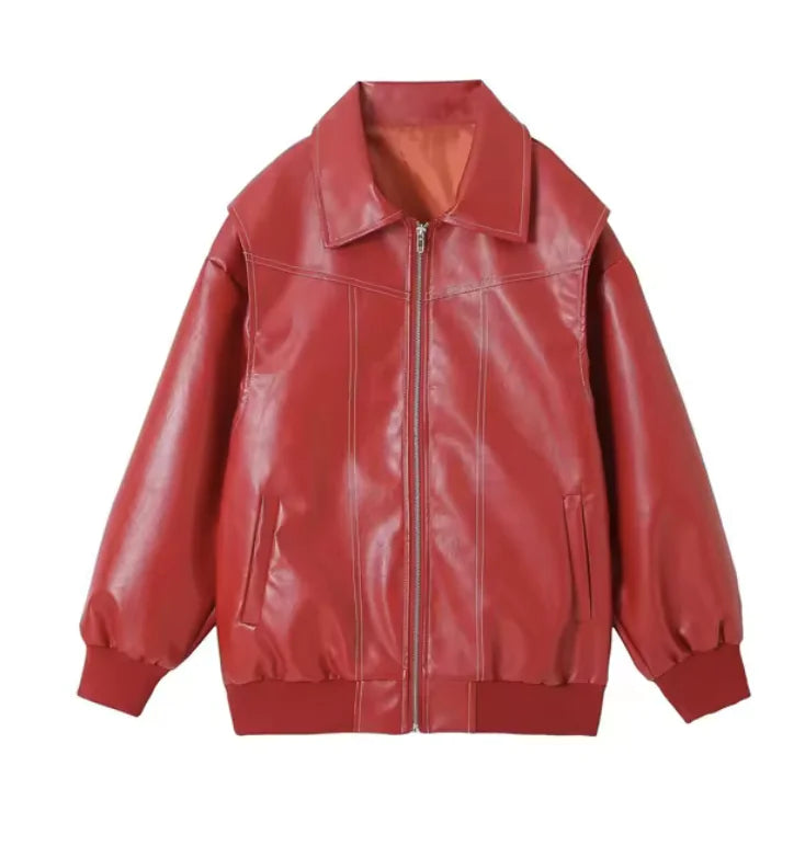 Women’s Loose Fit Zip-Up Biker Jacket with Lapel and Long Sleeves