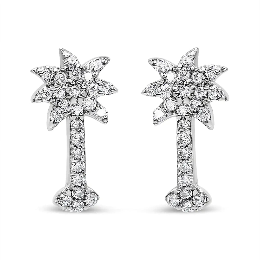 14K White Gold 1/4 Cttw Diamond Palm Tree Push Back Stud Earrings (K-L Color, I1-I2 Clarity)